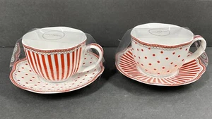Grace Teaware Red White Polka Dot & Stripes Gold and Dots Tea Cup & Saucer New - Picture 1 of 4