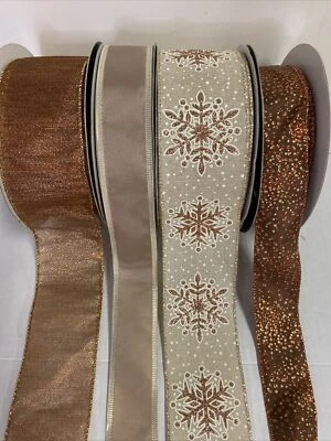 Christmas Wired Ribbon Gold Cream Bronze Polka Dots Snowflakes 20 Yards Total - Image 1 of 4