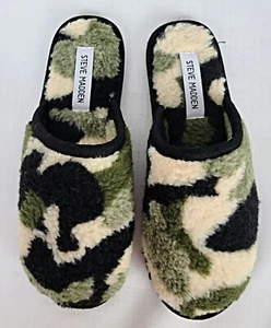 Steve Madden Women's 7 M Vesa Green Black Camouflage Sherpa Mule Slipper EUC - Picture 1 of 11