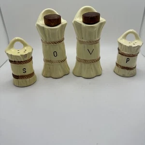 Vintage 1950's Oil Vinegar Salt Pepper Shakers Hay Bales Japan - Picture 1 of 8