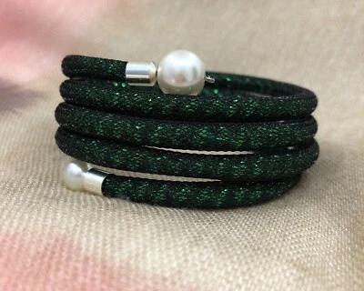 Gift. Handmade Green Shinny Nylon Mesh Tubing Bracelet, White Pearl - Jewellery - Image 1 of 4