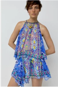 ZARA 2 Piece Set Aztec Print Short Skirt Halter Neck Top Boho Royal Blue/Multi S - Picture 1 of 20