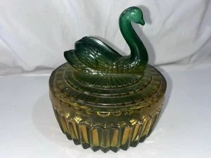 Vtg MCM Jeannette Amber &  Green Flashed Glass Swan Lidded Jar Lipstick Holder - Picture 1 of 14