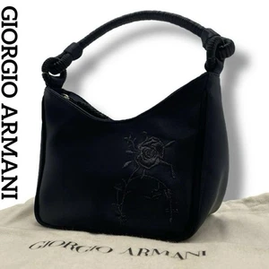 GIORGIO ARMANI Embroidered Flower Hand Bag Tote Bag Satin Black w/ Dust bag - Picture 1 of 19