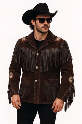 Cowboy Mens Western Suede Fringe DARK BROWN Leather Jacket  American S T0 3XL - Image 1 of 4