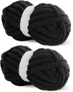Black Chunky Chenille Yarn for Crocheting, Bulky Thick Fluffy Yarn for Knitting, - Picture 1 of 12