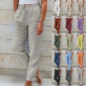 UK Womens Casual Linen Cotton Trousers Drawstrings Elastic Waist Pants PLUS SIZE - Picture 1 of 25