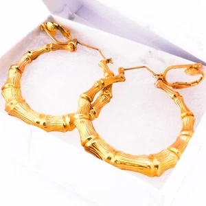 10K Gold Large 1.65" Bamboo Hoop Earrings w/14K Gold Detachable Clips 7 Grams - Picture 1 of 14