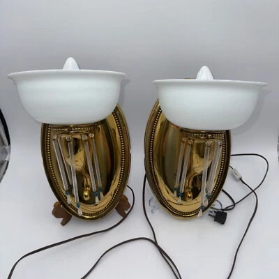 2 VTG Brass Tone Wall Sconce White Glass Shade Clear & Blue Crystals Plug In - Image 1 of 4