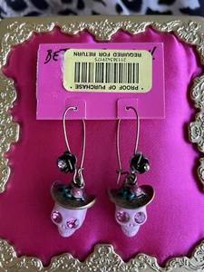 Betsey Johnson Vintage Lady Luck Cowgirl rosa Schädel Cowboyhut Ohrringe RAR - Bild 1 von 3