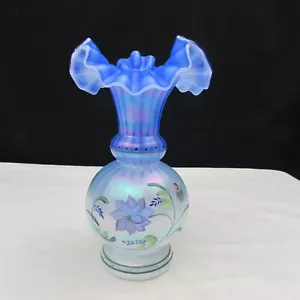 Fenton Cobalt Blue Opalescent Floral Hand Painted Vase Special Order LE 1999 W82 - Picture 1 of 7