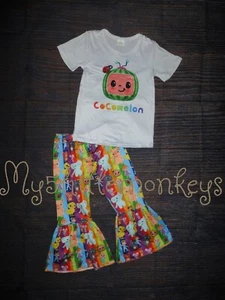 NEW Cocomelon Boutique Short Sleeve Shirt Rainbow Bell Bottoms Girls Outfit Set - Picture 1 of 7