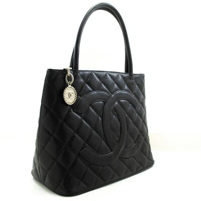 Bolso de Hombro Chanel Auténtico Plata Medallón Caviar Bolso de Compras Negro SV Foto 1 de 4