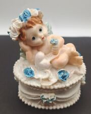 Resin Baby Boy Cherub  Blue Roses Trinket Box Baby Shower Decorative