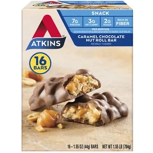Atkins Caramel Chocolate Nut Roll Snack Bar, Protein Snack, High in Fiber, 2g - Picture 1 of 7