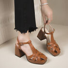 Womens Fashion Leather Cutout T Strap Block High Heels Mary Jane Sandal Shoes