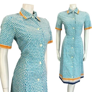 VTG 60S 70S BLUE WHITE ORANGE GEOMETRIC DAGGER BUTTON DOWN SHIRT DRESS 10 - Picture 1 of 9