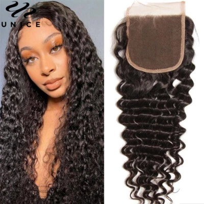 UNice Brazilian Deep Curly Wave Human Hair Lace Closure Free Part Virgin Hair US - Image 1 of 4