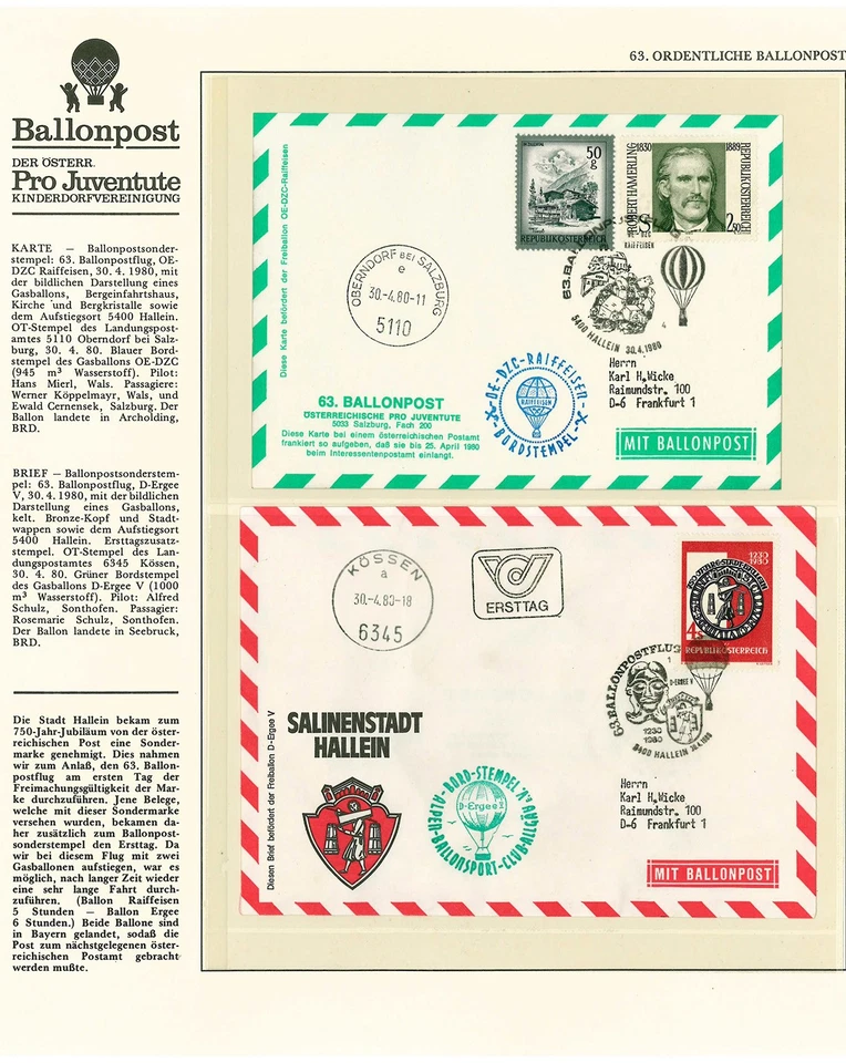 Ballonpost Pro Juventute - zwei Belege aus Sieger-Abo laut Abbildung, (50426) - Bild 1 von 1