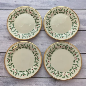 Lenox Holiday Dimension Salad Plates Set Of 4 Holly Berries Gold Trim Lot #1 - Picture 1 of 12