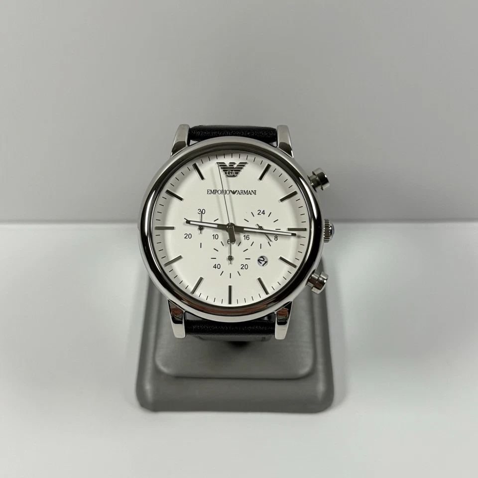 Emporio Armani Men's Chronograph White Dial Black Leather Watch AR1807 - Image 1 of 3