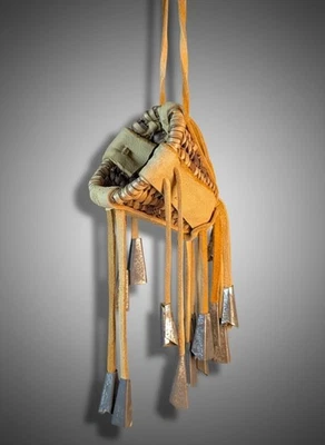 Vintage 1940s Miniature Apache Native Burden Basket w/ Tin Cones, Buckskin Strap - Image 1 of 4