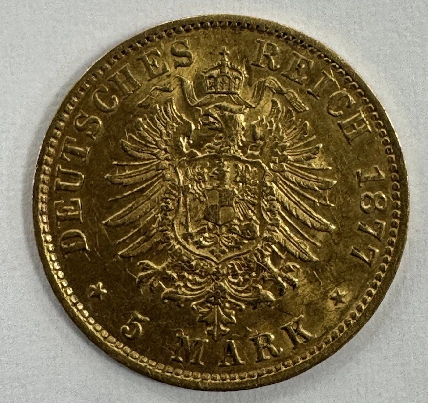 Moneda de oro de 5 marcos Alemania Hamburgo 1877-J AU-UNC bonita moneda original  Foto 1 de 2