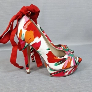 Michael Antonio Red Floral Platform Heels 5" Wrap Around Ankle Strap Size 6.5 - Picture 1 of 13