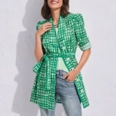 Chaqueta Blazer Cabi Abstracto Estampado a Cuadros Cinturón Mezcla de Lino Talla L Precio de venta sugerido por el fabricante $208 Nueva sin Etiquetas Foto 1 de 4