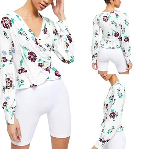Free People Women White Purple Floral Wrap Front Long Sleeve Blouse Small - Foto 1 di 4