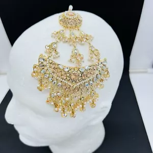 JHUMAR PASSA HIJAB SIDE HEAD PIECE INDIAN/PAKISTANI JEWELRY KUNDAN GOLD TIKKA - Picture 1 of 4