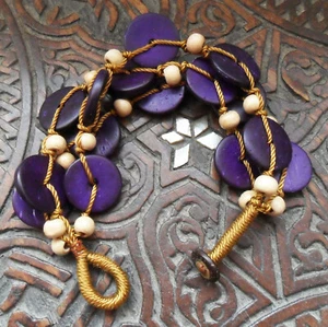 Handmade Round Purple & Natural Coconut Shell BRACELET, Tan Cord, Ethnic Crafts - Picture 1 of 7