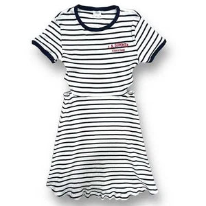 Girls Zara Size 13/14 Navy & White Short Sleeve Ribbed Cut Out Dress - Picture 1 of 2