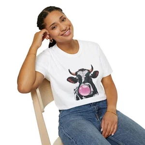Cow Bubble Gum T-Shirt, Funny Farm Animal Tee, Dairy Cow Graphic, Gildan 64000 - Picture 1 of 17