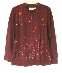 New Quacker Factory Sequin Swirl Bomber Jacket Sz M Wine Zip A296582 Women YJ19 - Picture 1 of 6