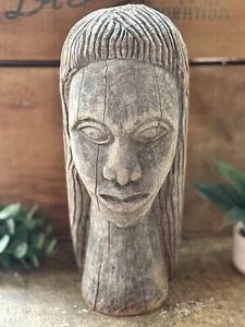 VTG LG HVY Handcarved One Piece Of Gray Wood Woman Bust/Sculpture 14" - Picture 1 of 24