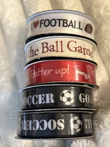 5 Sports Ribbon Lot Soccer Ball Football Baseball Game Satin 15ft Ea 75 Yd Total - Picture 1 of 3