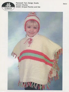 Plymouth Knitting Pattern P411 Encore Chunky Child's Striped Poncho & Hat 3-6yrs - Picture 1 of 2