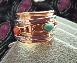 Barse Sterlingsilber Gold Türkis stachelige Auster Spinner Sorgen Ring Größe 6,5 - Bild 1 von 9