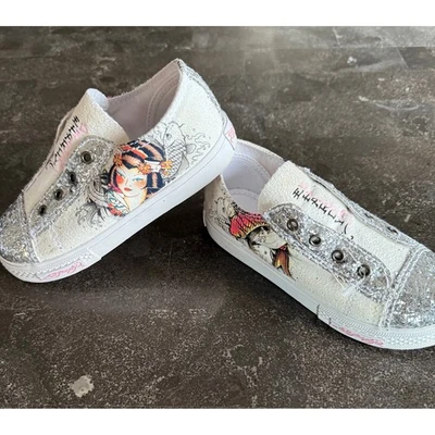Ed Hardy Shoes Silver Glitter Tattoo Koi Fish Girls Canvas Sneakers US Size 12 - Image 1 of 4
