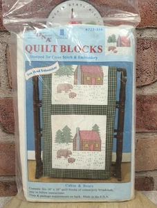 Jack Dempsey Needle Art 6 Stamped Cross Stitch 18" Quilt Blocks Cabin & Bears - Picture 1 of 4