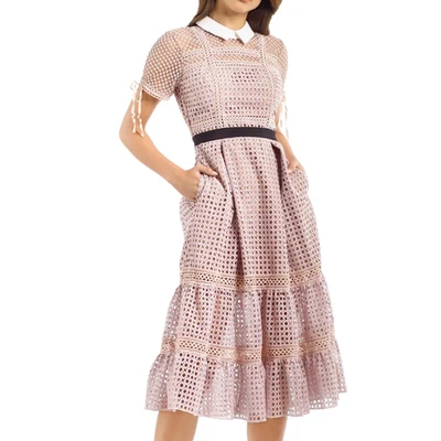 Self Portrait Dress Size UK 10 US 4 Mauve Lace Tiered Crosshatch Midi Wedding - image 1 of 4