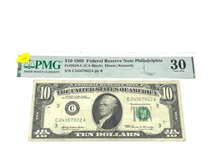 1969 $10 Ten Dollars, FEDERAL RESERVE NOTE Philadelphia,'PMG 30 Very Fine' (#49) - Picture 1 of 2