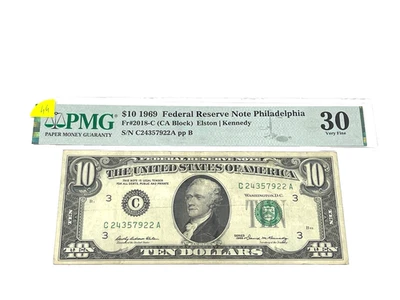 1969 $10 Ten Dollars, FEDERAL RESERVE NOTE Philadelphia,'PMG 30 Very Fine' (#49) - Image 1 of 2