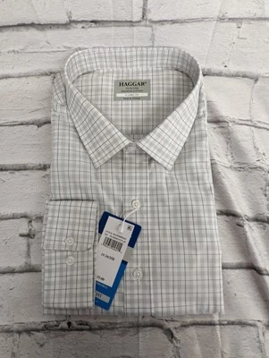 Camisa de vestir Haggar plateada y negra a cuadros manga larga talla 19 34/35B para hombre Foto 1 de 4