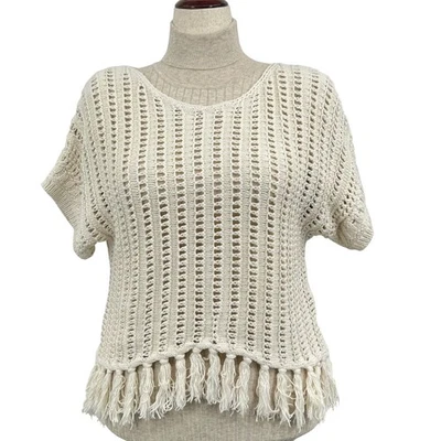 Boho Crochet Knit Tassel Hem Top Cream Open-Weave Summer Festival Beachy L/XL - Image 1 of 4
