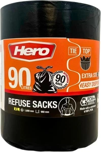 Hero Extra Strong 90L Black Bin Bags Heavy Duty Bin Rubbish Liners Sacks Large - Picture 1 of 11