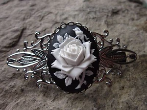 WHITE ROSE ON BLACK CAMEO SILVER FILIGREE BARRETTE - UNIQUE - BRIDAL -WEDDING - Picture 1 of 2