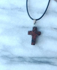Retro Late 90's Y2K Early 2000's Style Brown Agate Cross Pendant Cord Necklace - Imagen 1 de 6