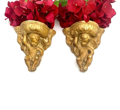 Cherub Wall Sconce Shelf Decor Pair Vintage Plaster for Home Decor Cover